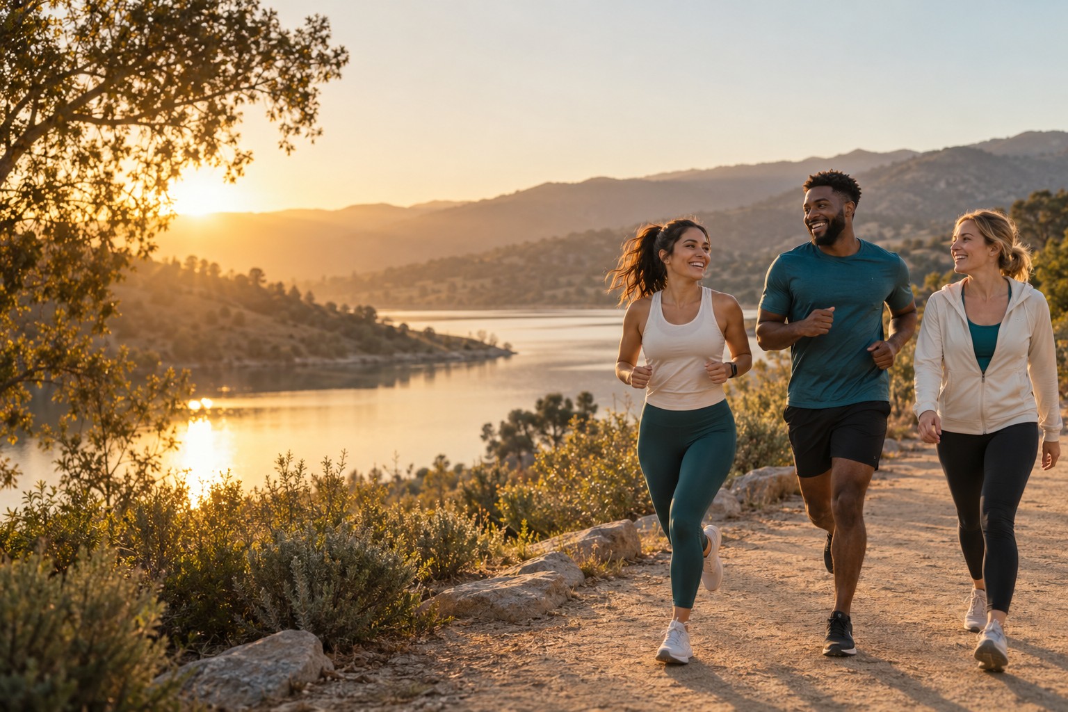 Illustrative campaign image of friends moving together by a lake